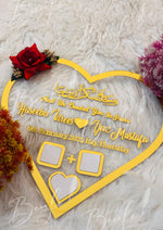 Load image into Gallery viewer, The Nikah Acrylic Thumb Board Heart Shape With Golden Name &amp; Red Flower | NAF-012
