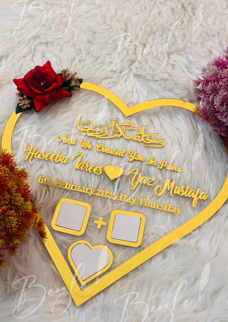 The Nikah Acrylic Thumb Board Heart Shape With Golden Name & Red Flower | NAF-012