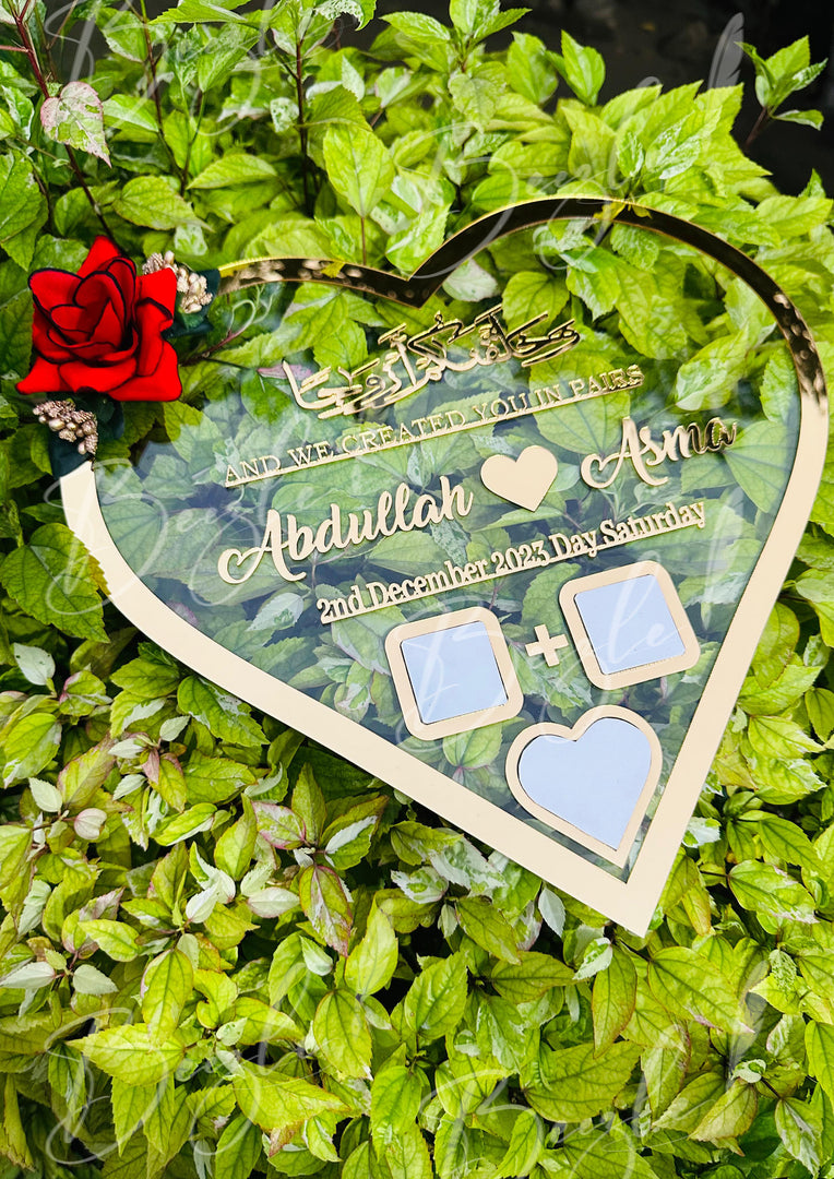 The Nikah Acrylic Thumb Board Heart Shape With Golden Name & Red Flower | NAF-012