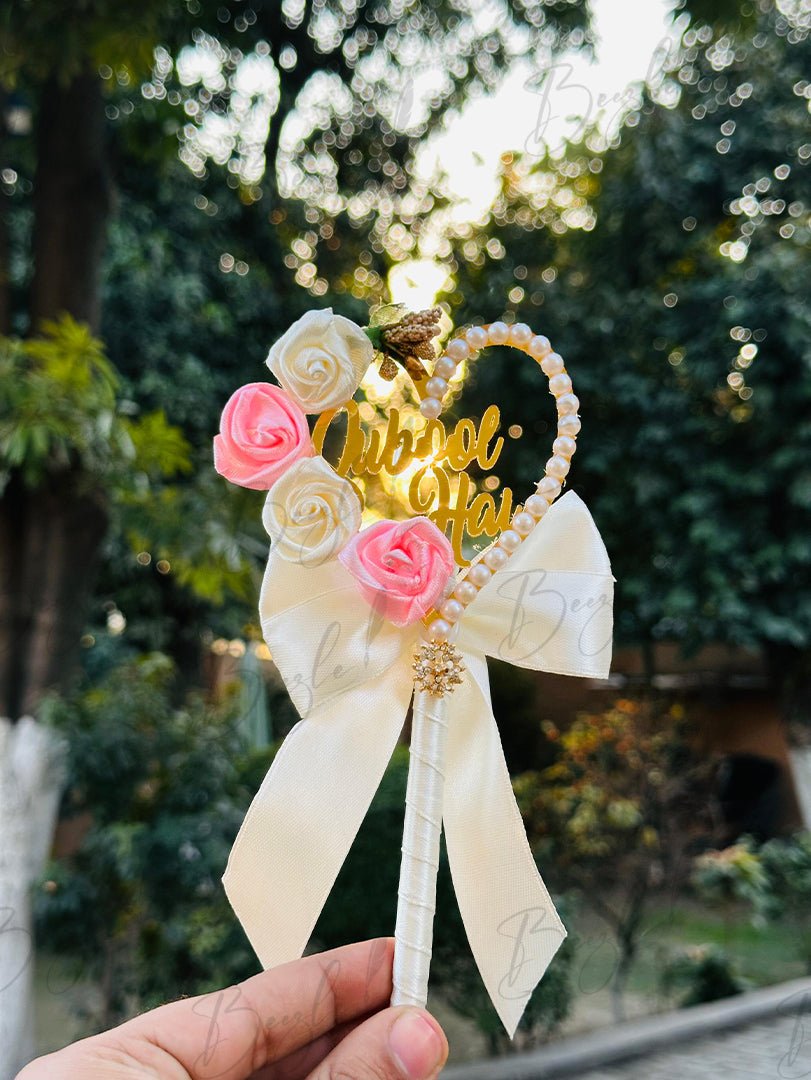 Beautiful Customized Nikah Pen With Pearls, White & Pink Flowers | PEN-85