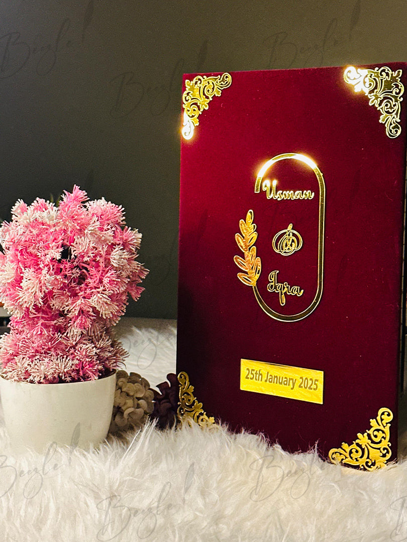 The Maroon Nikah Booklet With Customized Golden Name & Design | NB-042