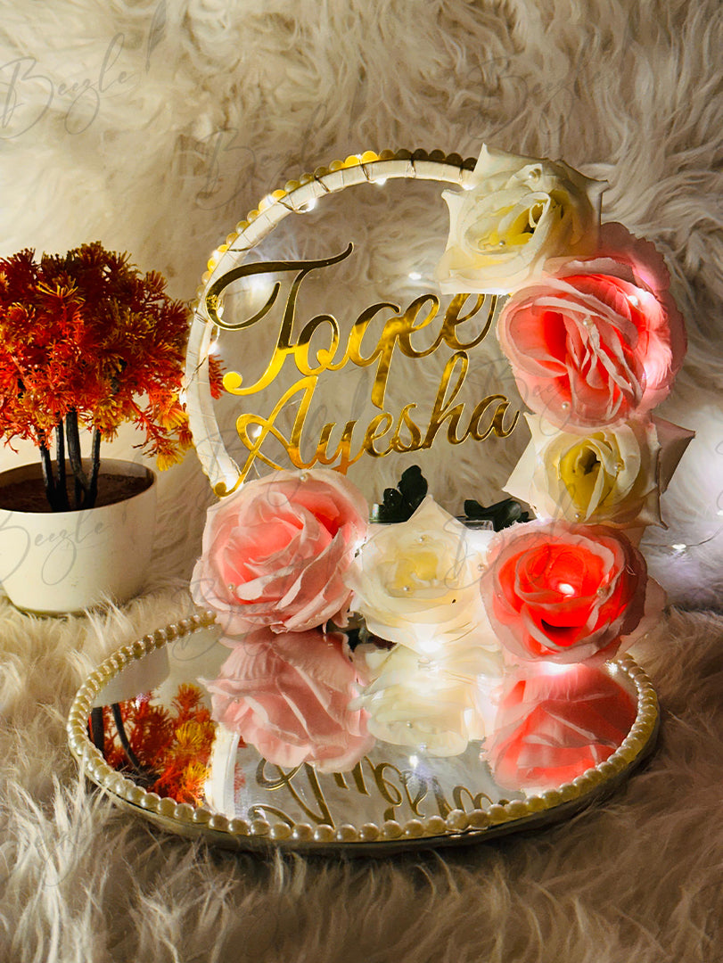 Stylish Nikah Tray With Pearls, White Pink Flowers and Customized Name | NT-023