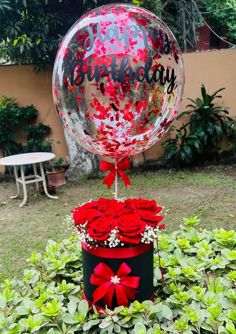 Birthday Rose Box with Balloon & Red Ribbons | GBO-113