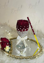 Load image into Gallery viewer, Elegant Tray &amp; Doodh Pilai Glass Decorated With Maroon Ribbon And Pearls | DPG-006
