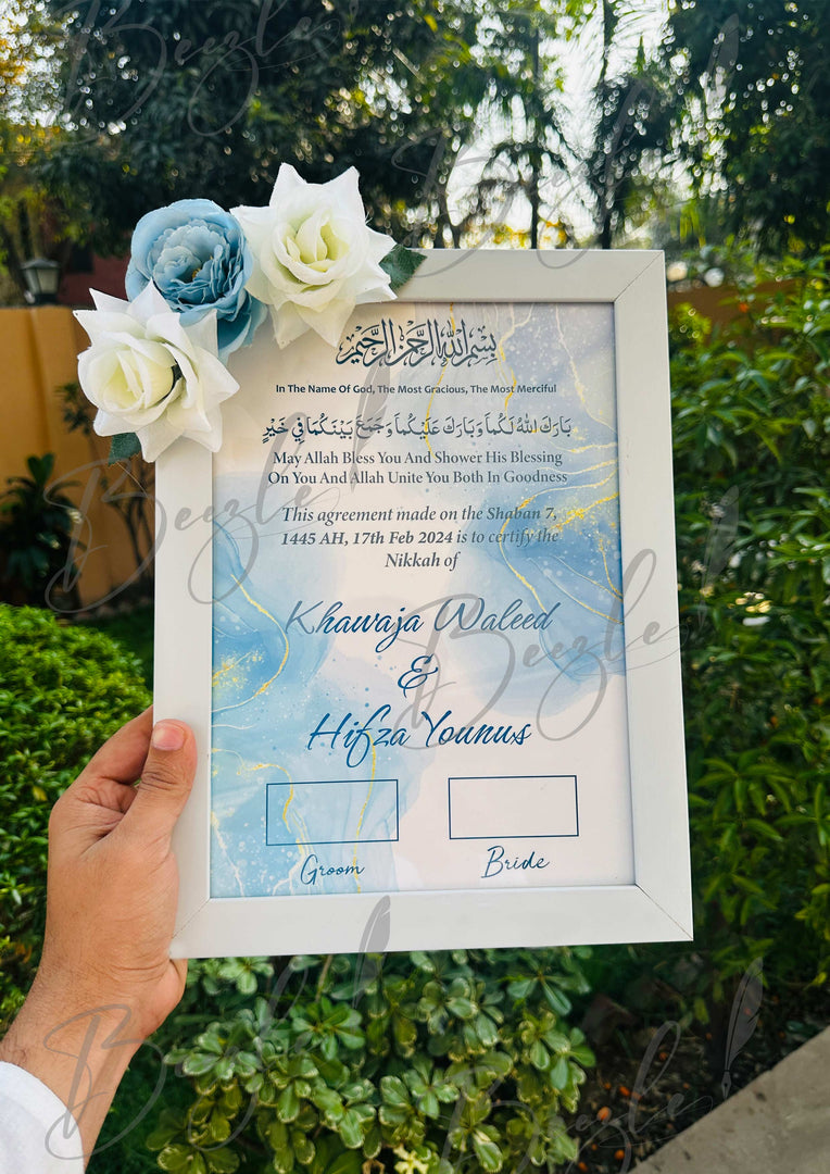 Floral Nikah Certificate With Blue & White Print and Three Flowers | FNC-010