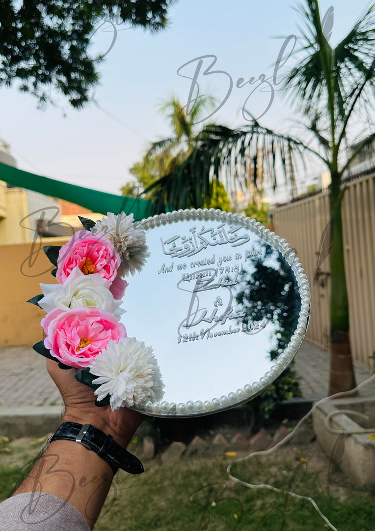 The Beautiful Nikkah Tray Decorated With Two White & Pink Flowers & Pearl | NT-012