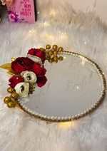 Load image into Gallery viewer, Mirror Engagement Ring Tray with Pearls Border and Red White Flowers | ERT-003
