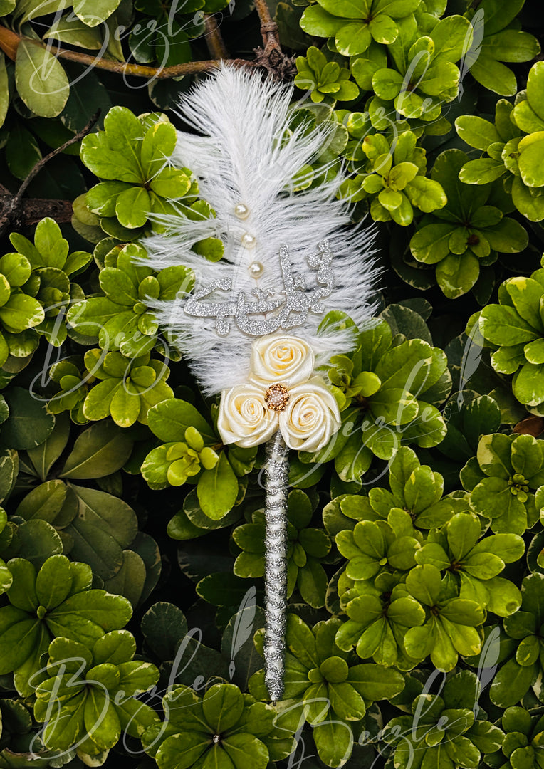 The Silver Customized Nikkah Pen with Feather & Three Flowers | PEN-60