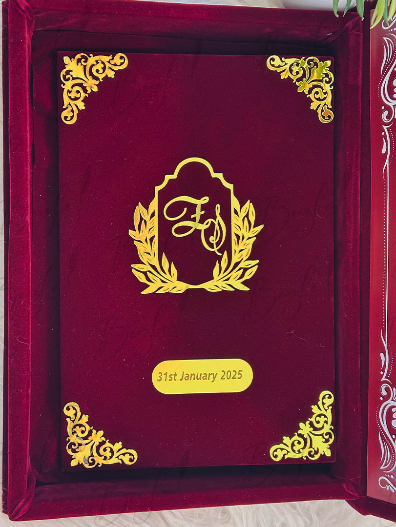 Luxurious Maroon Nikah Booklet Box with Golden Customized Details | BOX-013