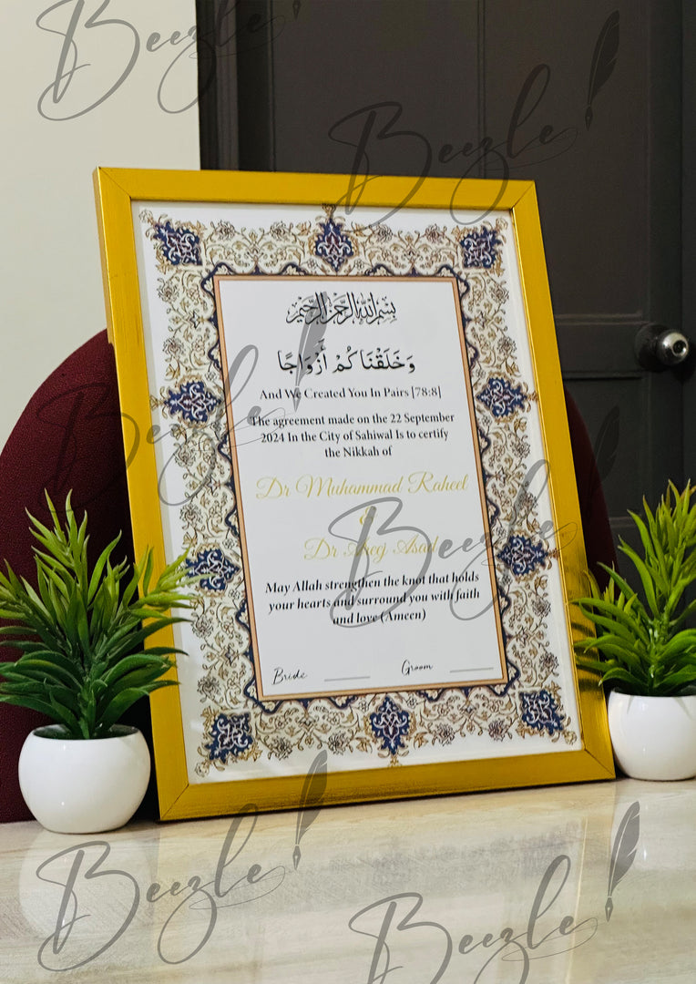 Premium Nikah Certificate With Customized Name & Blue Attractive Print | NC-002