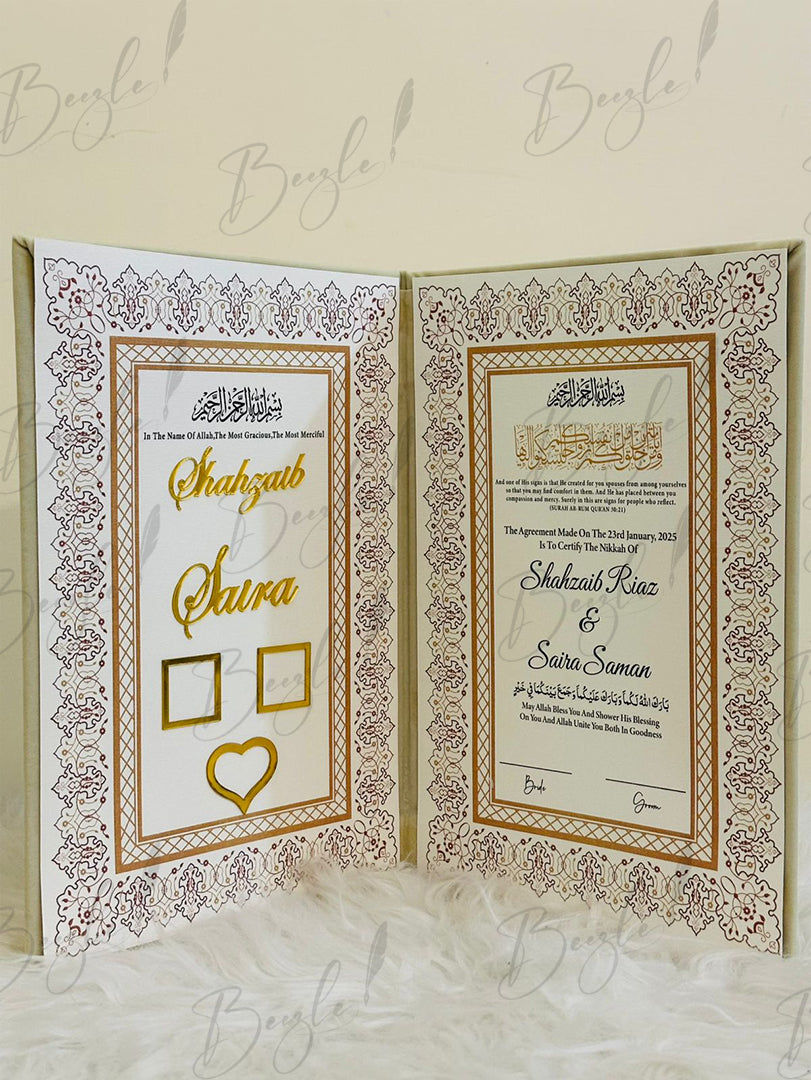 The White Nikah Booklet With Golden Attractive Print | NB-034