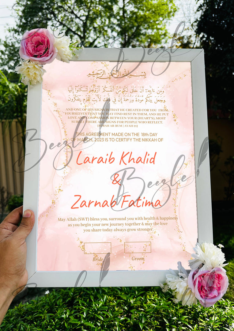 Customized Floral Nikah Certificate With Name & Beautiful Two Pink Flowers | FNC-002