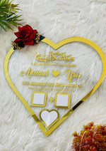 Load image into Gallery viewer, The Nikah Acrylic Thumb Board Heart Shape With Golden Name &amp; Red Flower | NAF-012
