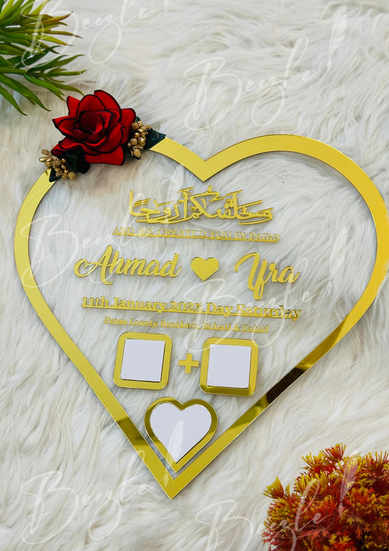 The Nikah Acrylic Thumb Board Heart Shape With Golden Name & Red Flower | NAF-012