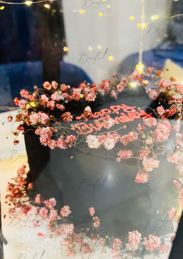 Black Birthday Cake with Pink Flowers – Custom Name | GC-094