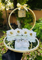 Load image into Gallery viewer, Personalized Nikkah Ring Tray with Mirror Base, White Flowers &amp; Two Ring Boxes | NT-005