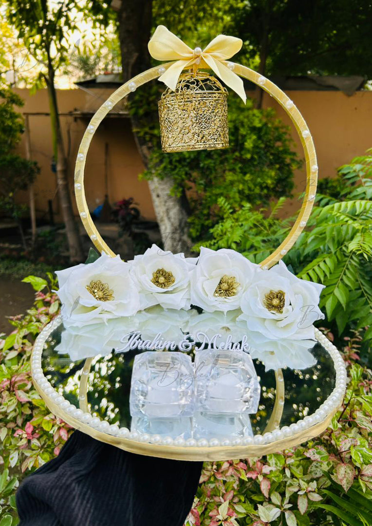 Personalized Nikkah Ring Tray with Mirror Base, White Flowers & Two Ring Boxes | NT-005