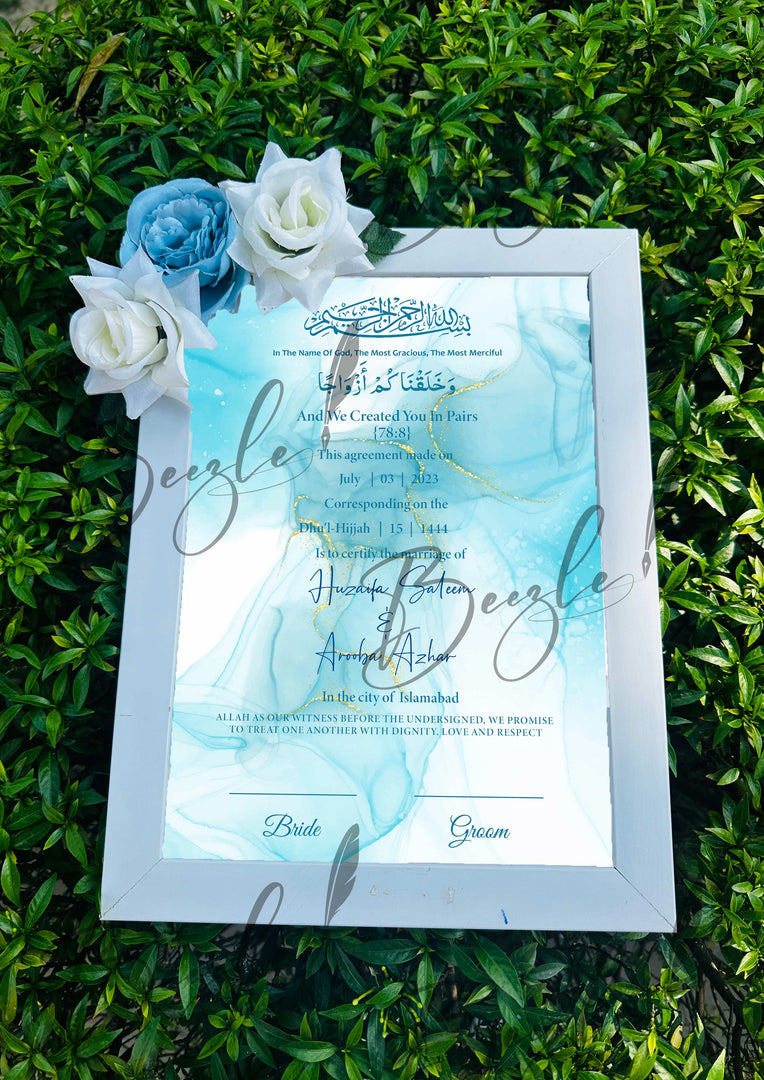 Floral Nikah Certificate With One Blue & Two White Flowers | FNC-008