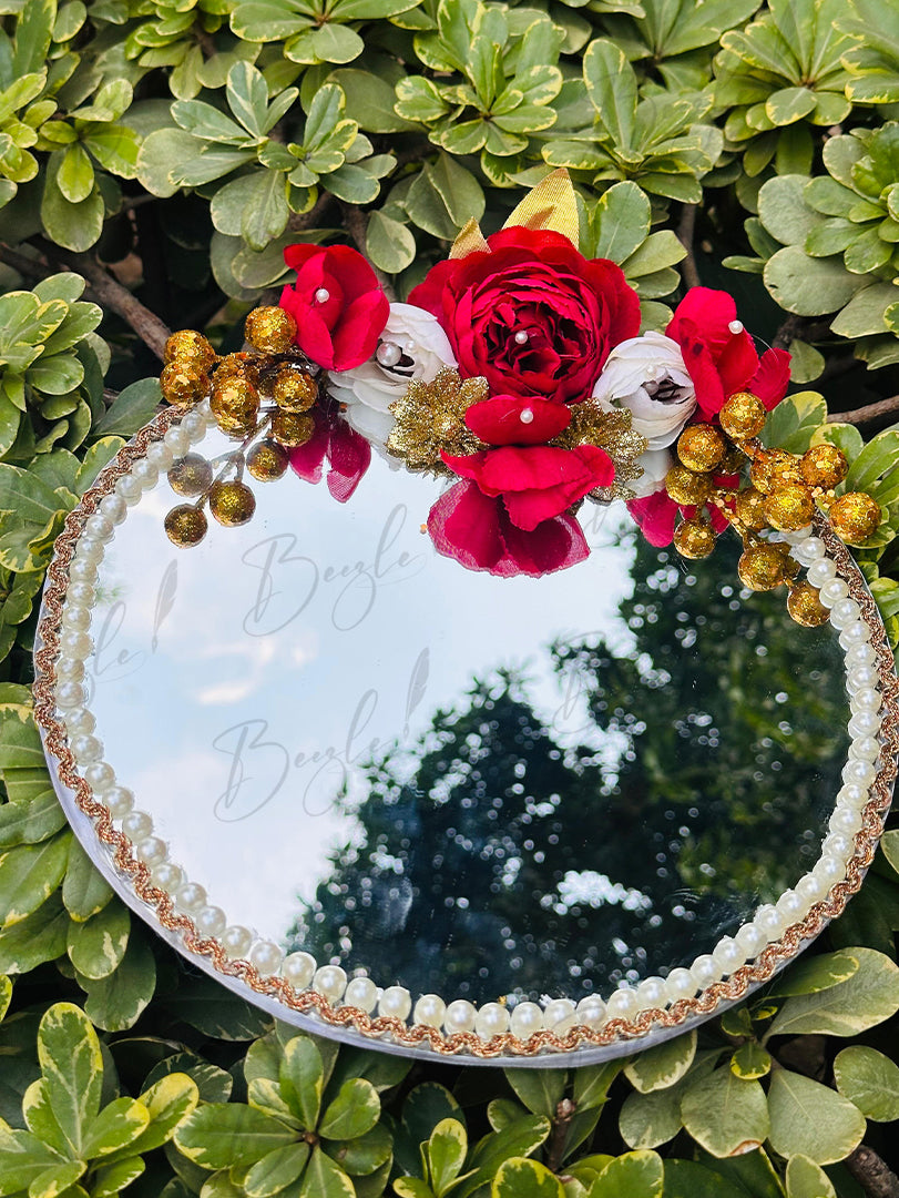 Decorative Nikah Tray with Red Flowers, Golden Beads, and Pearl Border | NT-025