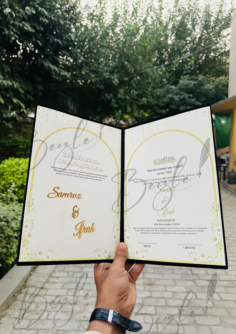 Beautiful Black Nikah Booklet with Customized Golden Name | NB-028