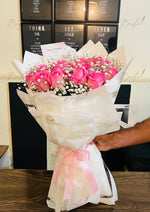 Load image into Gallery viewer, Pink Roses with Baby’s Breath Bouquet Wrapped in White | BCG-144
