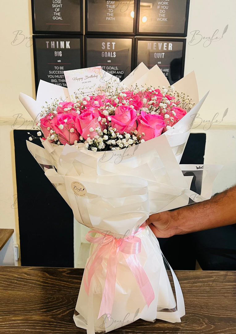 Pink Roses with Baby’s Breath Bouquet Wrapped in White | BCG-144