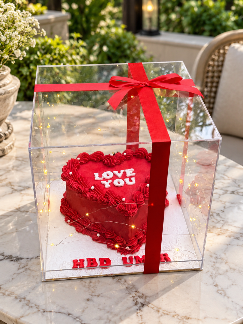 “Love You” Red Heart Cake in Acrylic Box | GC-070