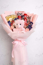 Load image into Gallery viewer, Teddy and Chocolate Gift Bouquet with Pink Wrap and Red Ribbon | BCG-023