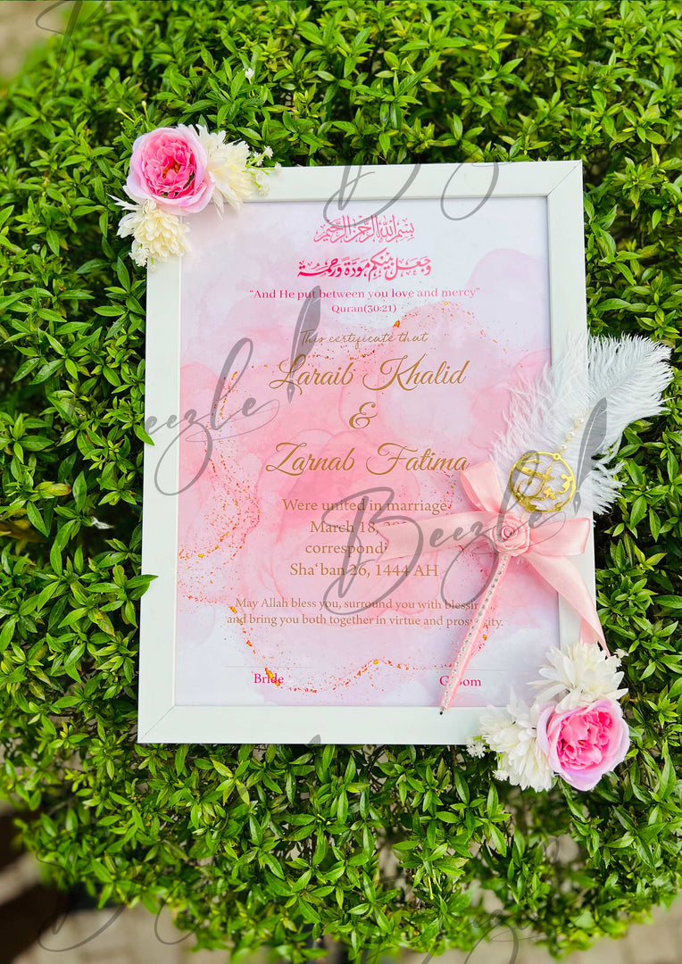 Nikah Certificate With Pink Flower and Qubool Hai Nikah Pen | DEL-020