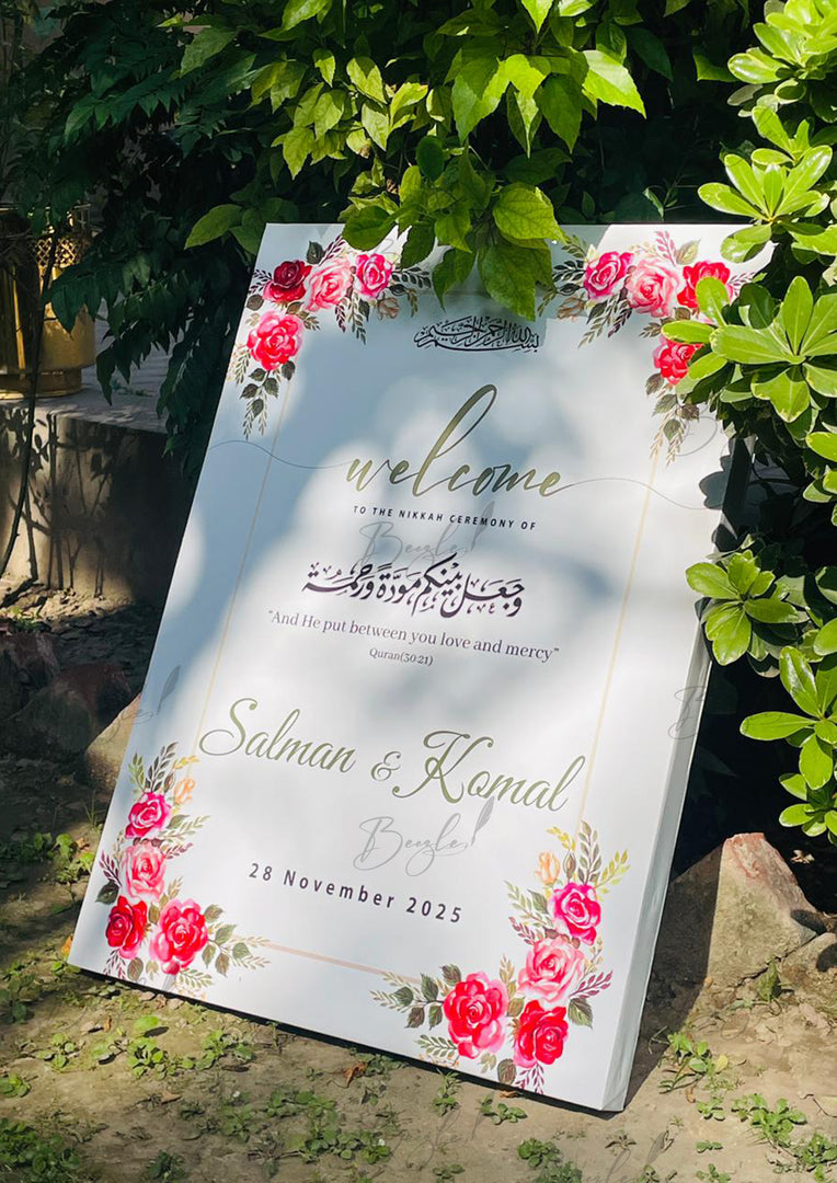 Wedding Welcome Board With Beautiful Flower Design & Name | Without Stand, Only Available in Lahore | WWB-008