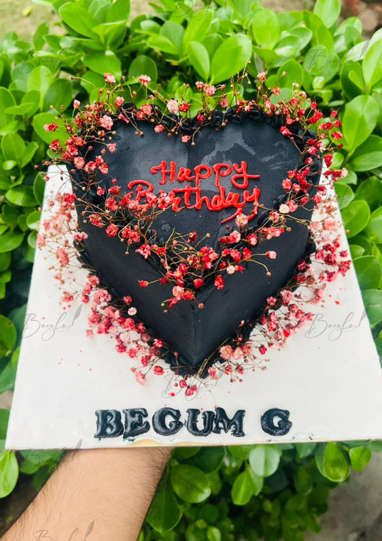Black Birthday Cake with Pink Flowers – Custom Name | GC-094