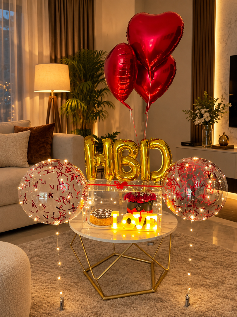 Love Beyond Forever romantic gift setup with red heart balloons, roses, cake and luxury celebration decorations