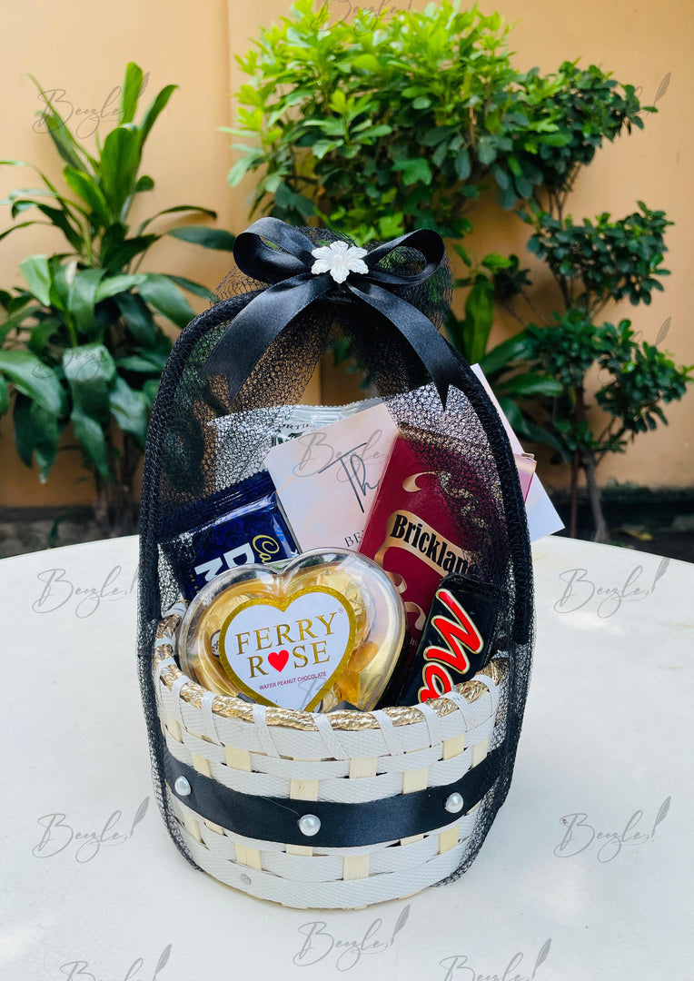 Black Basket Gift with Chocolates & Heart Box | GB-179