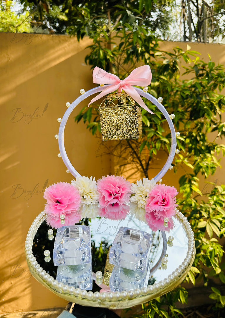 Pretty Nikkah Ring Tray With Two Ring Boxes & Beautiful White Pink Flowers | NT-017