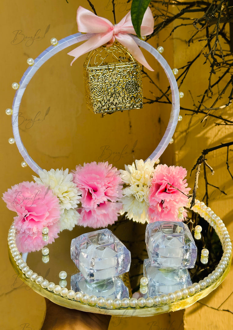 Pretty Nikkah Ring Tray With Two Ring Boxes & Beautiful White Pink Flowers | NT-017