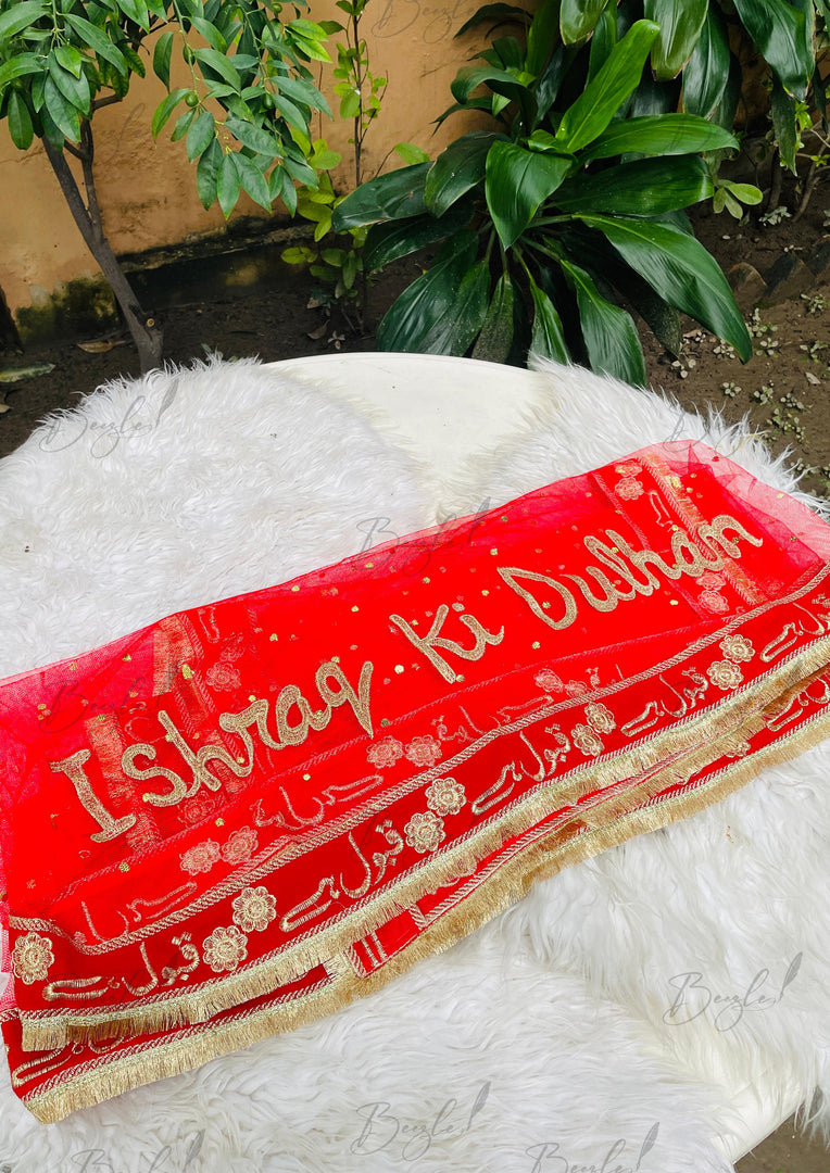 Customize Red Nikah Dupatta With English Name | DBT-002