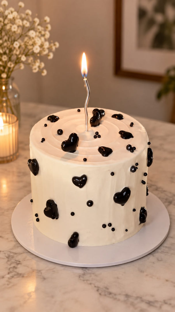 Midnight Hearts white birthday cake with black heart decorations
