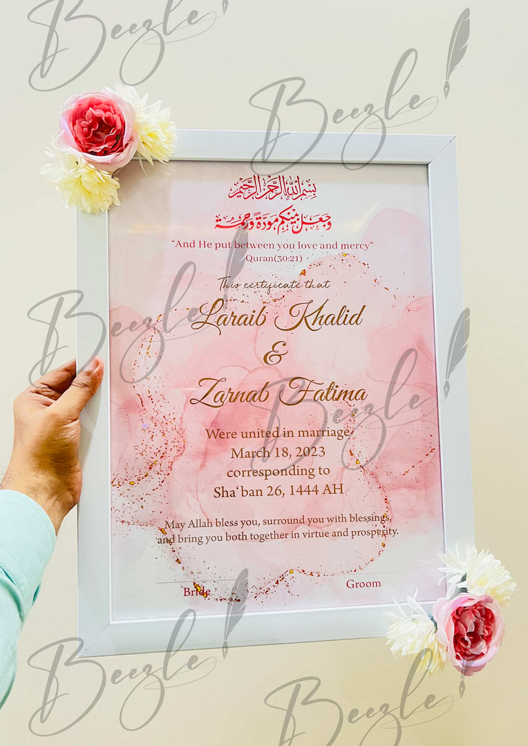 Customized Name Floral Nikah Certificate With Light Pink & Two Flowers Colour |  FNC-001