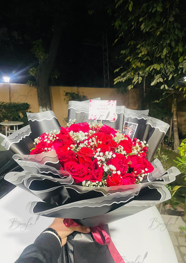 Red Roses in Black Wrapping – Birthday Bouquet | BCG-165