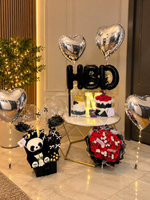 Load image into Gallery viewer,  Birthday surprise with black HBD balloons, silver heart balloons, panda plush, red rose bouquet and mini cake