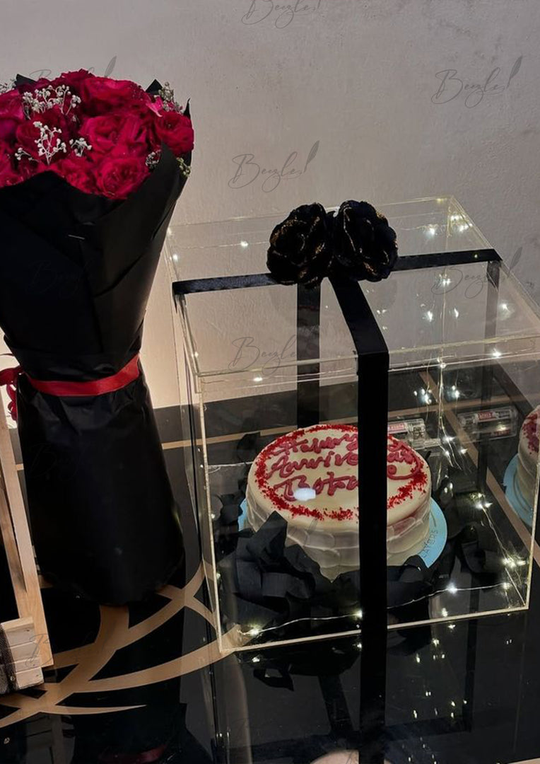 Black Cake Box with Red Rose Bouquet | GDEL-133