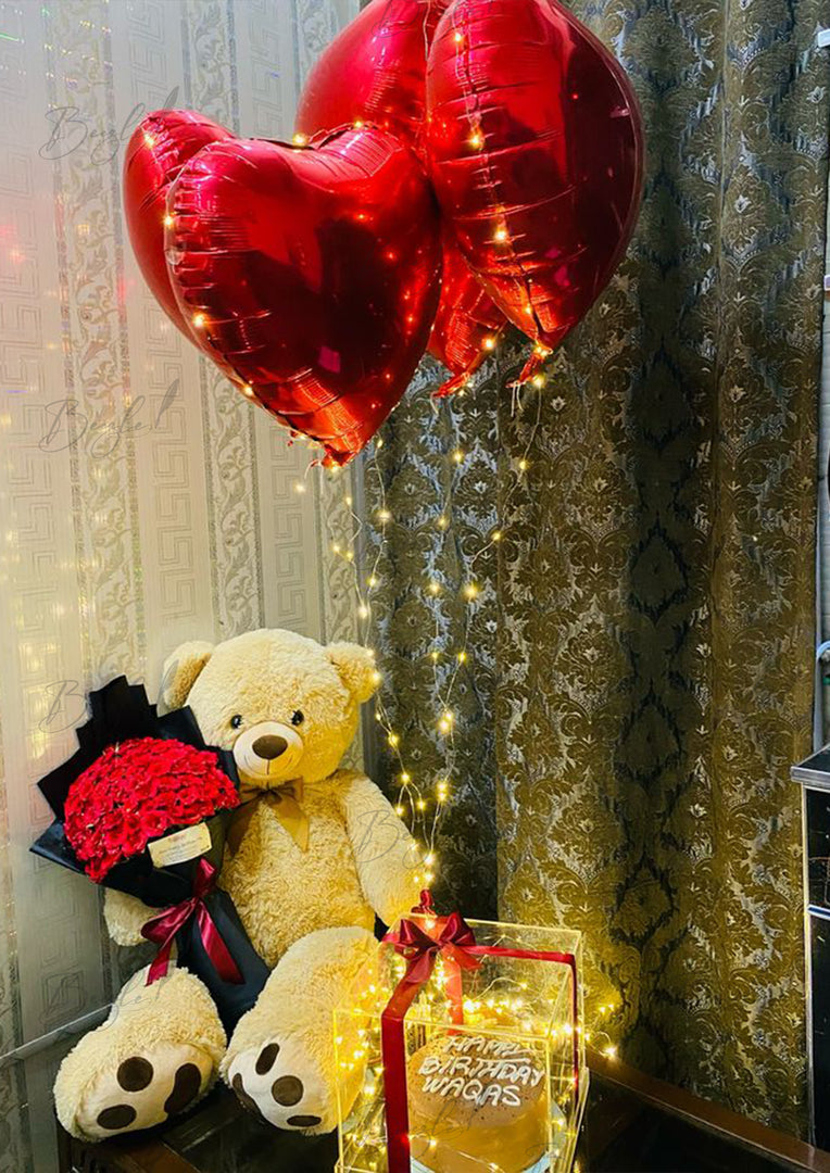 Giant Teddy Gift Set with Roses, Cake & Balloons | GDEL-135