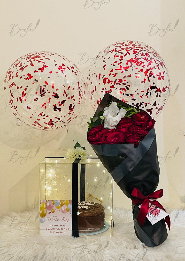 Luxury Cake Acrylic Box with Rose Bouquet & Balloons | GDEL-006