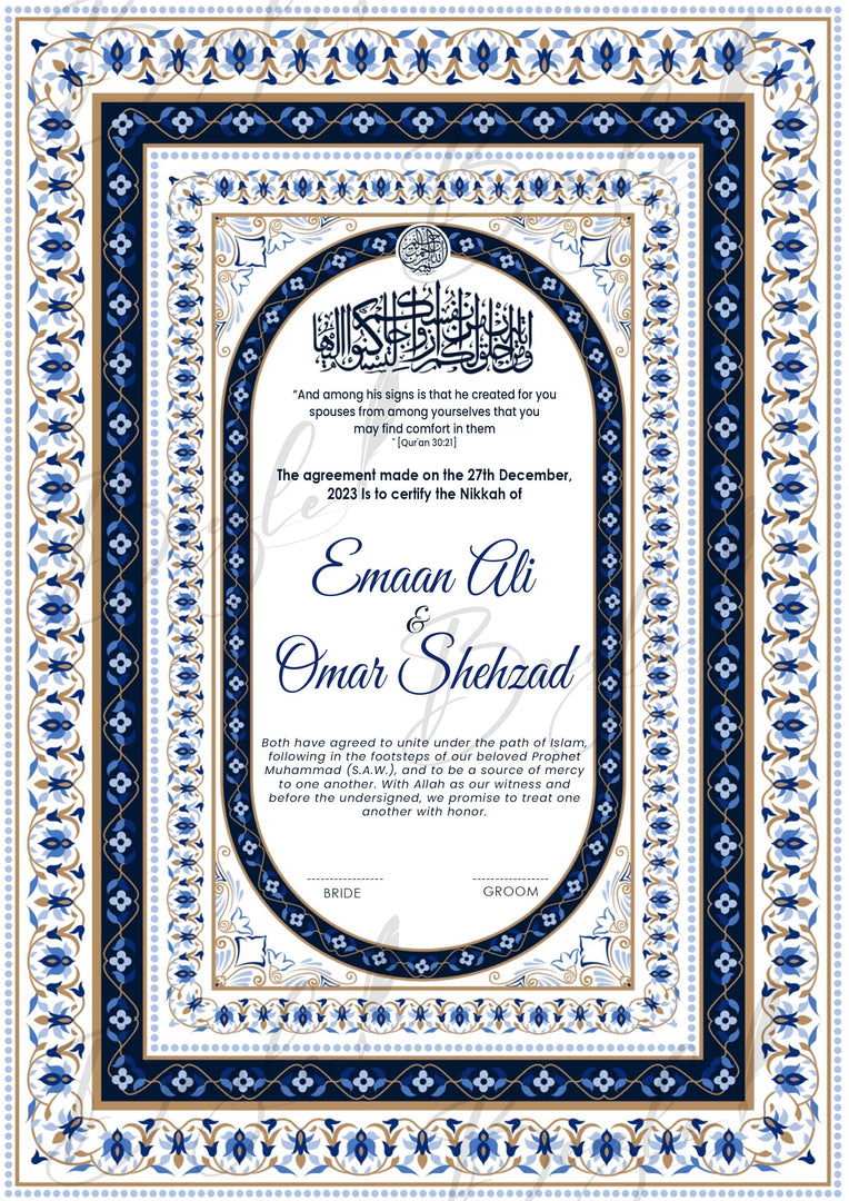 Customized Nikah Certificate With Blue & Black Design | NC-085