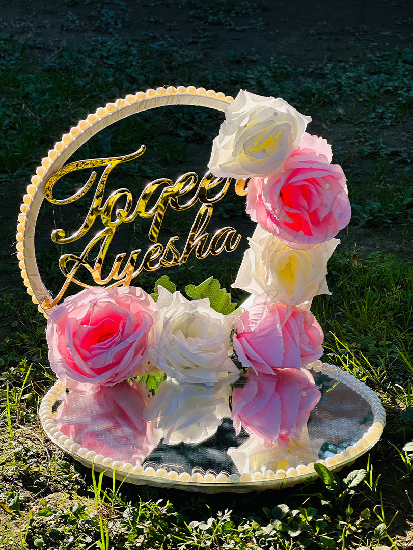 Stylish Nikah Tray With Pearls, White Pink Flowers and Customized Name | NT-023