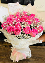 Load image into Gallery viewer, Pink Roses with Baby’s Breath Bouquet Wrapped in White | BCG-144

