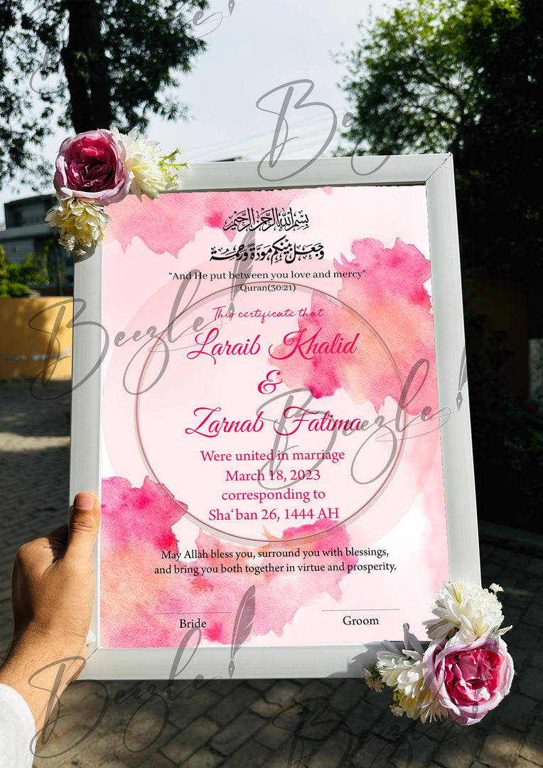 Customized Floral Nikah Certificate With Classic Print & Three Flowers | FNC-005