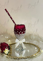 Load image into Gallery viewer, Elegant Tray &amp; Doodh Pilai Glass Decorated With Maroon Ribbon And Pearls | DPG-006
