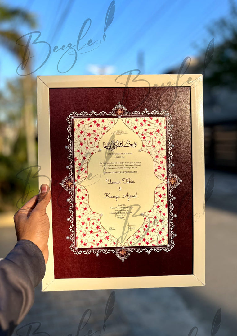 Luxury Dark Maroon Nikah Certificate with Stone Decoration | SNC-008