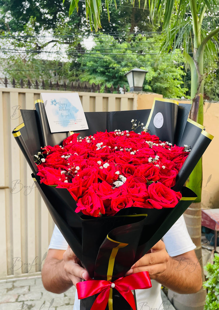 Red Roses in Black Wrapping – Birthday Bouquet | BCG-165